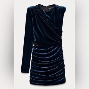 NWOT Zara One Shoulder Velvet Blue Cut Out Mini Dress